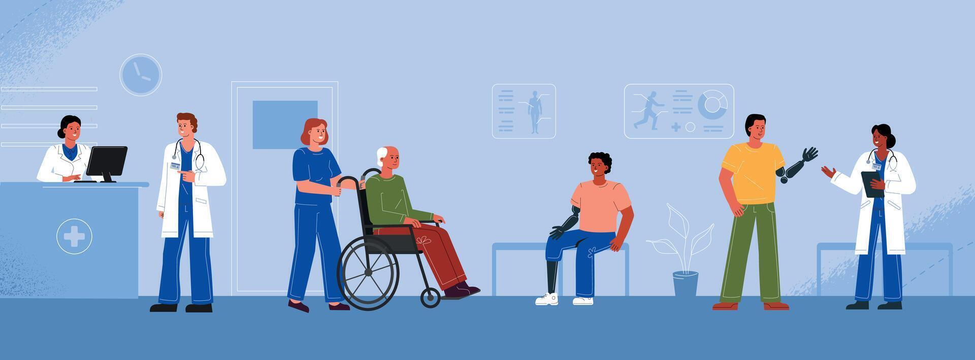 Hospital lobby, orthopedic department with different patients waiting for a doctor's appointment with prostheses and on a wheelchair vector