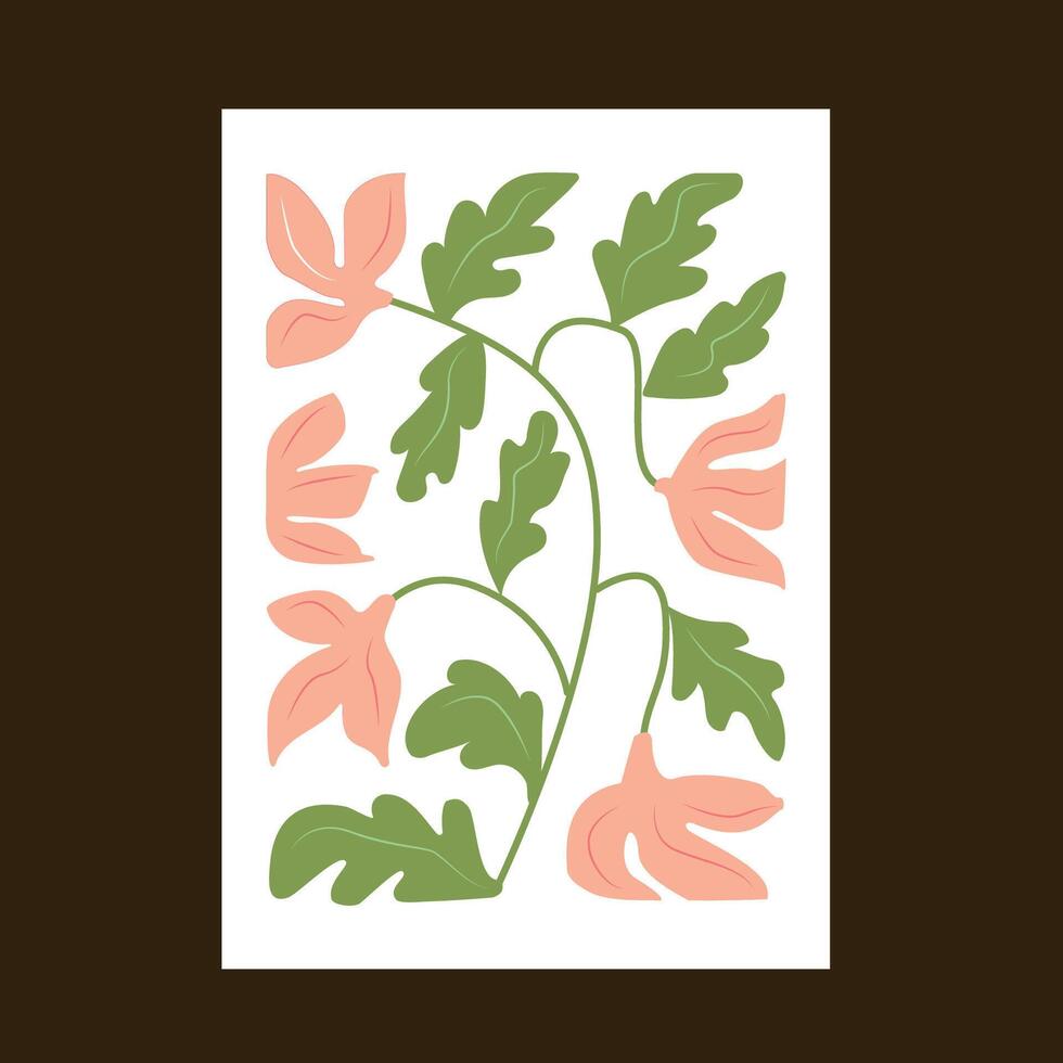A minimalistic poster with a curly flower and leaves in pastel colors. Interior artwork. vector