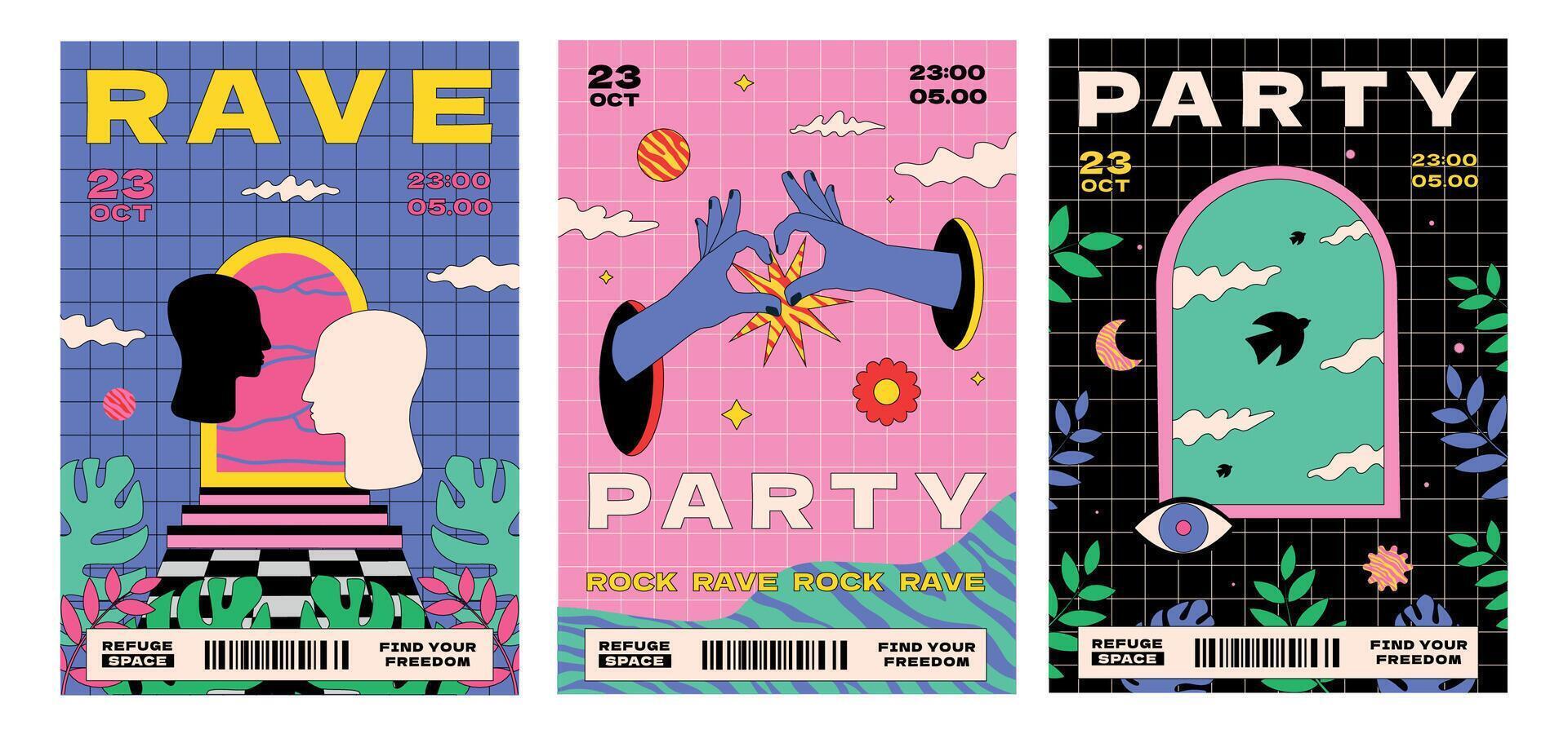 A set of abstract surreal posters for a rave party. Artworks template with a grid, silhouettes of a human profile, hands, arches, birds. vector
