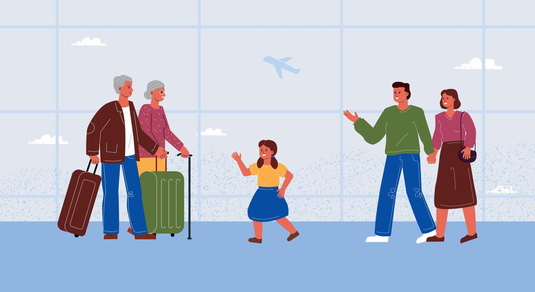 A young married couple with their daughter meet the elderly grandparent at the airport. The reunion of generations of relatives after the trip. vector