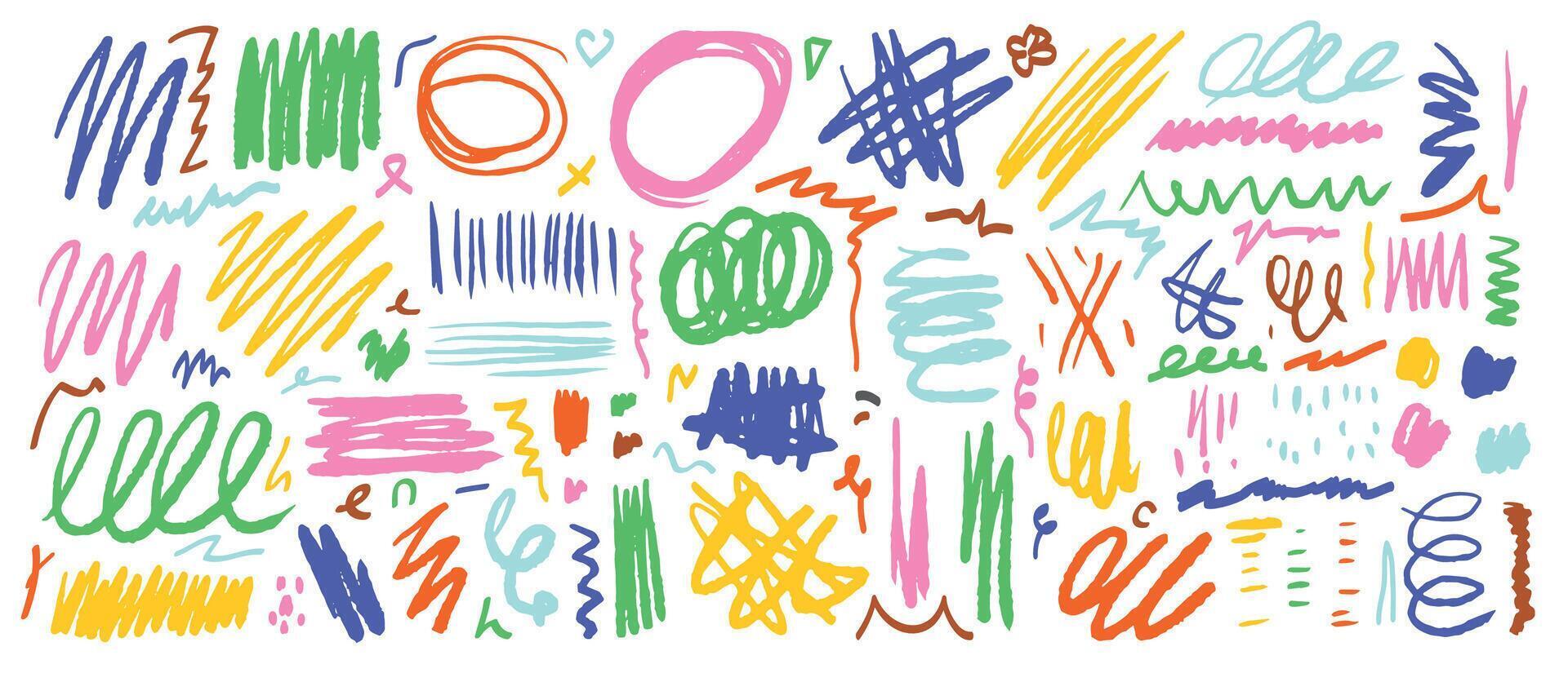 A set of multicolored hand-drawn lines, strokes, sketches, stripes, scratches on a white background. Doodles, textured design elements. vector