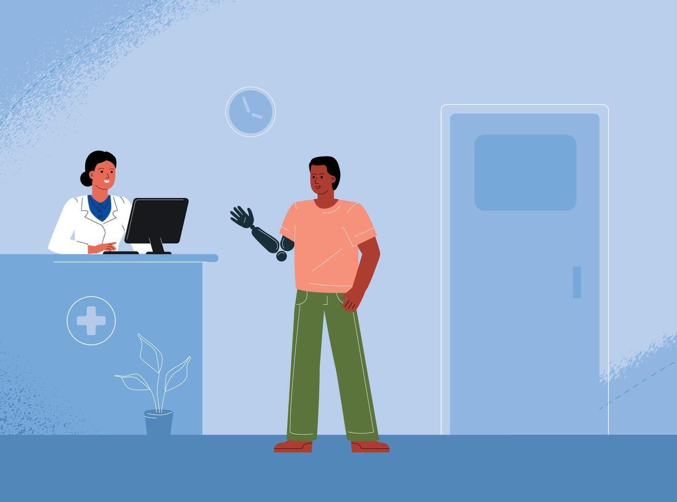 Disabled a patient with a prosthesis communicates with the clinic administrator to make an appointment with a doctor vector