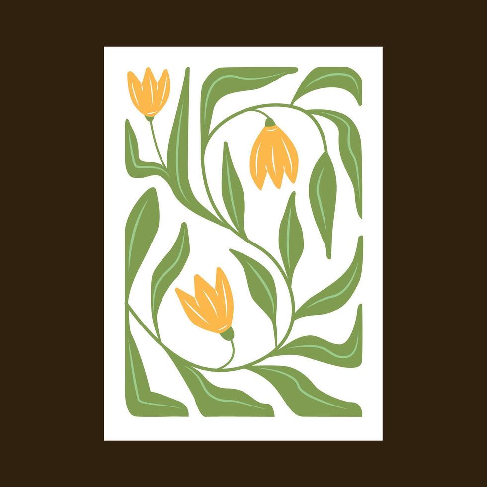A minimalistic poster with a curly flower and leaves. Interior art work. vector
