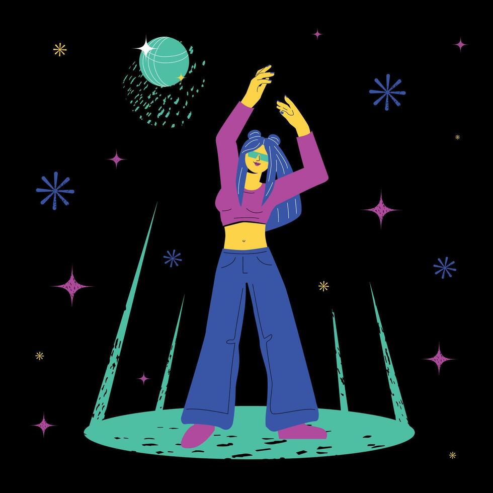 A thin girl is dancing beautifully at a disco. A vivid funky hand-drawn illustration. vector