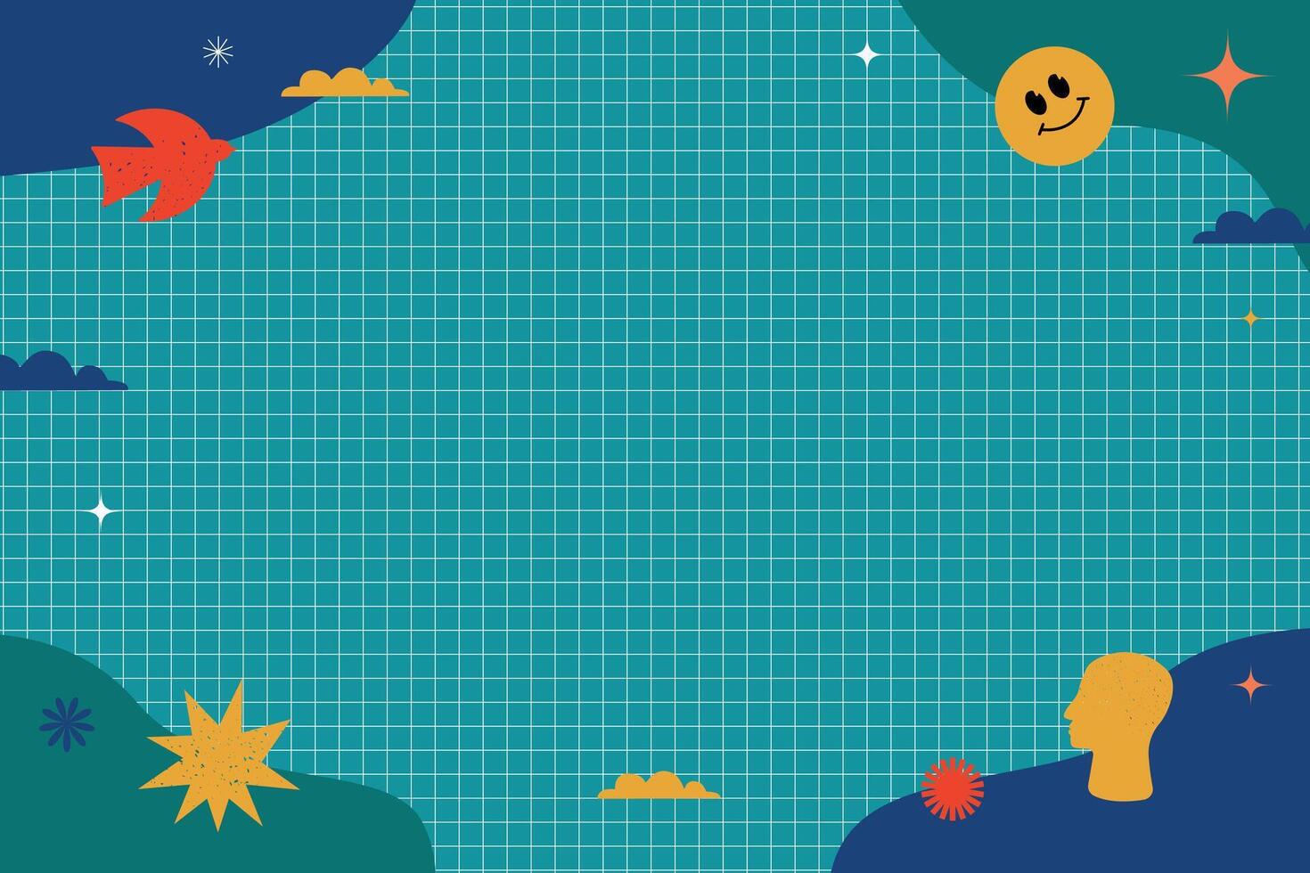 Blue checkered background with bright design elements, textured shapes. vector