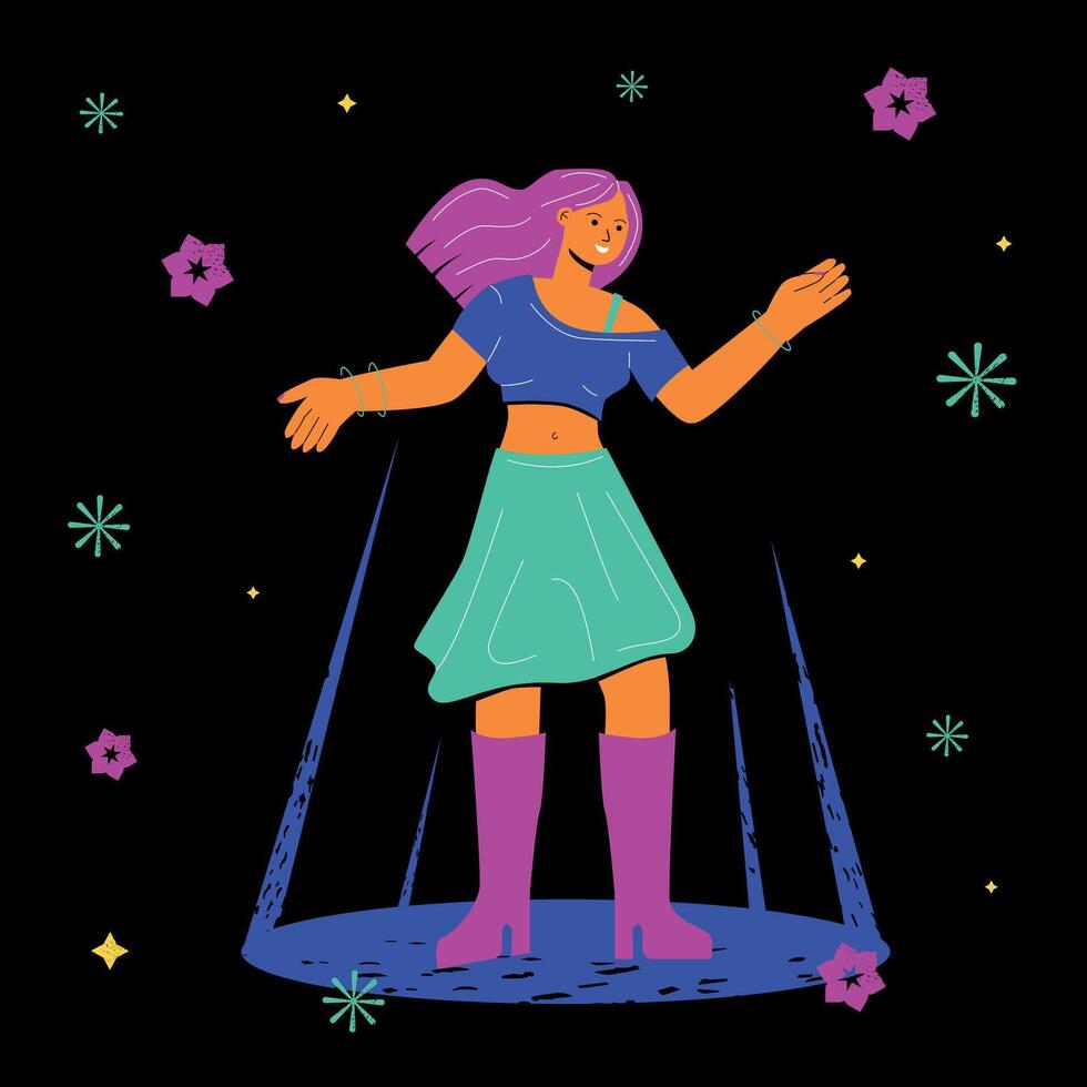 The girl is dancing in the rays of disco light. A bright funky hand-drawn illustration. vector