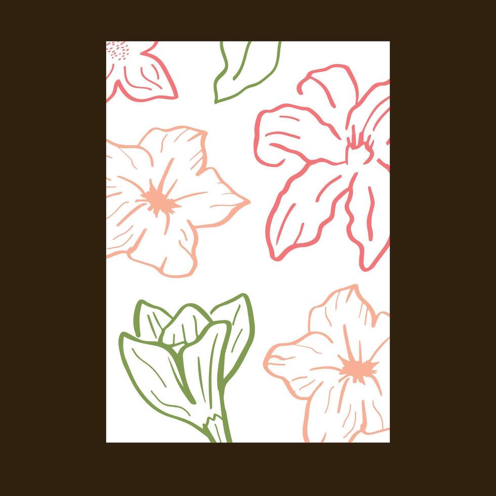 An interior poster template with hand-drawn flowers in soft tones. Botanical artwork. vector