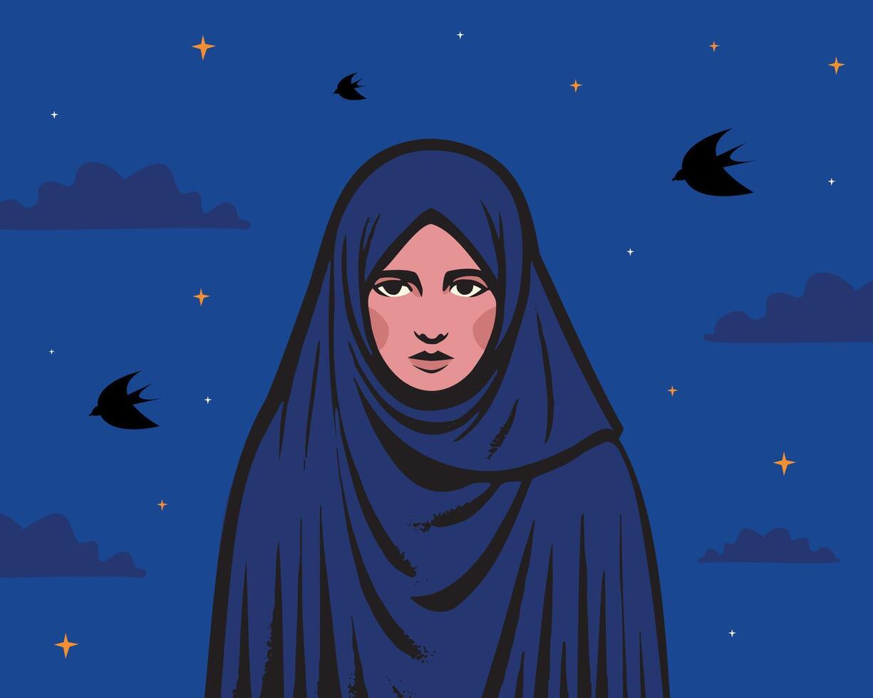 A Muslim woman covered with a headscarf with a sad face on a dark background. A symbol of depression, despair, hopelessness. vector