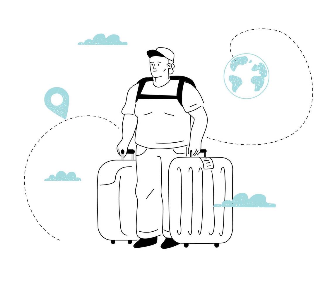 A hand-drawn obese man with suitcases at the airport, waiting for departure. The concept of a single person's journey. vector