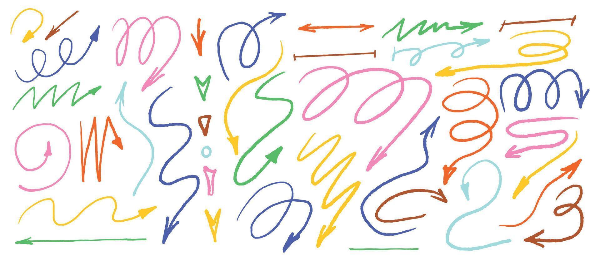 A set of hand-drawn colored arrows on a white background. Doodles, textured design elements. vector