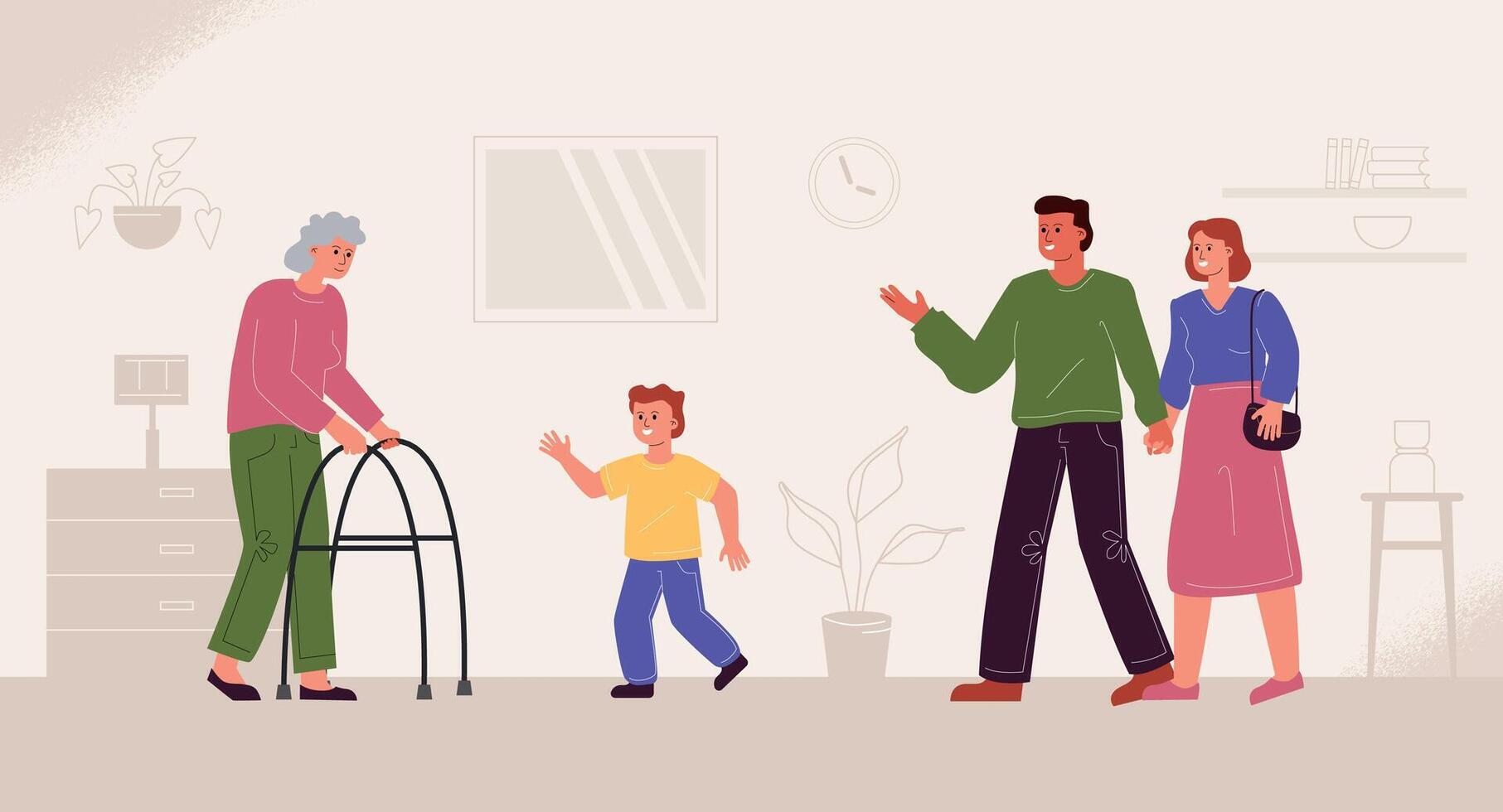 Meeting with relatives in a nursing home. Family with son visits disabled grandmother in asylum. vector