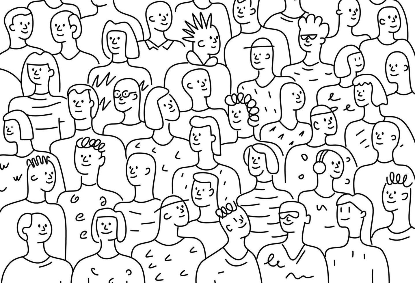 A crowd of different smiling people, doodle black and white illustration. vector