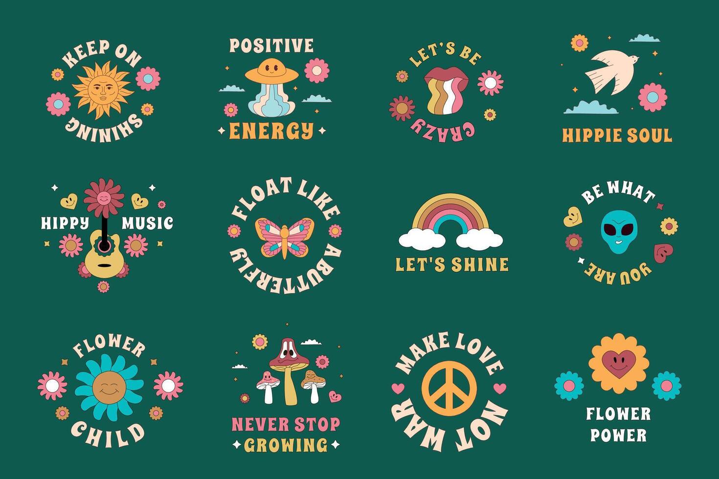 A collection of naive hipster stickers, labels. Outline groovy design elements with ufo, flower, rainbow, alien, mushrooms, bird. vector