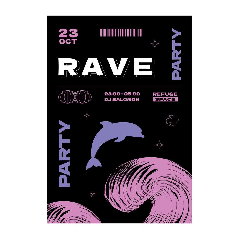 A futuristic techno poster for a rave party. A design template with a silhouette of a dolphin jumping into the waves. vector
