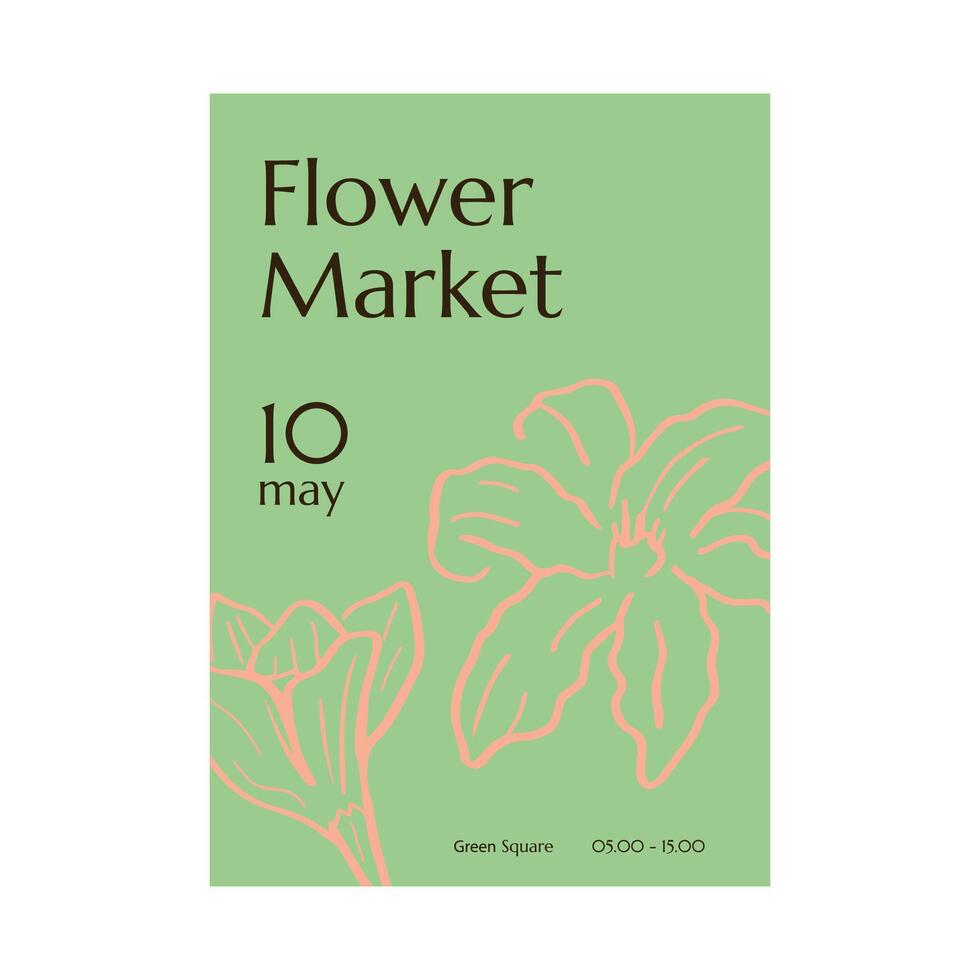 A minimalistic poster with hand-drawn flowers in pastel colors for the market. vector