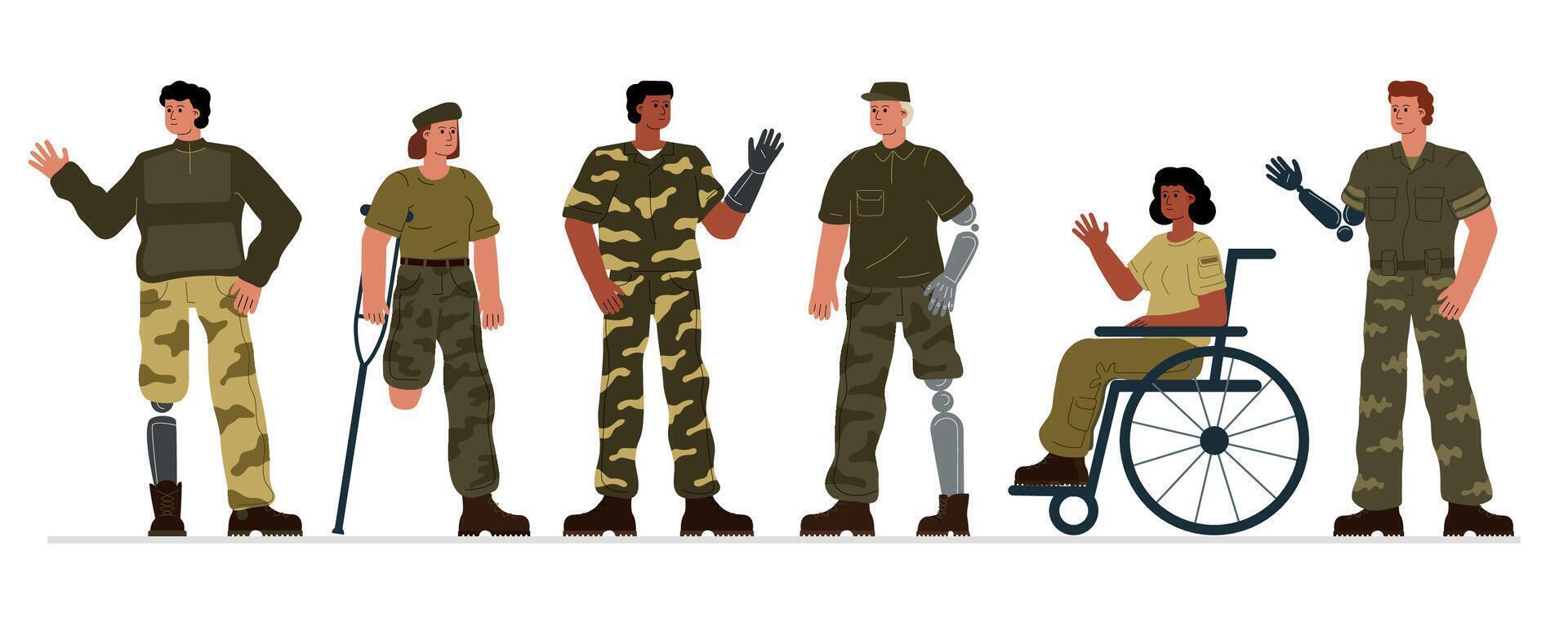 A collection of different disabled people in military uniforms, soldiers with prosthetics, a woman on a wheelchair, a veteran without a leg on crutches. vector