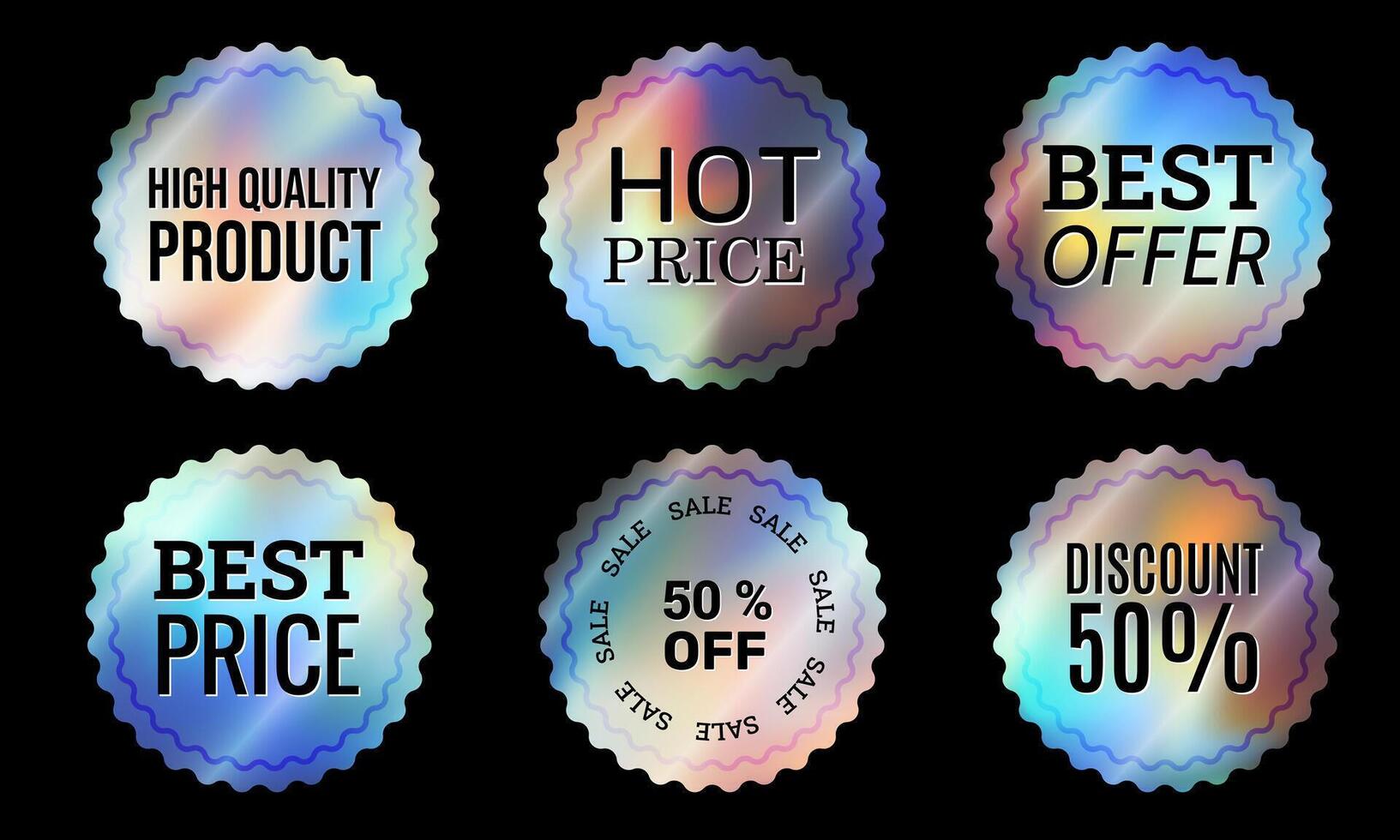 a set of round iridescent holographic retro stickers in y2k style, shiny emblems vector