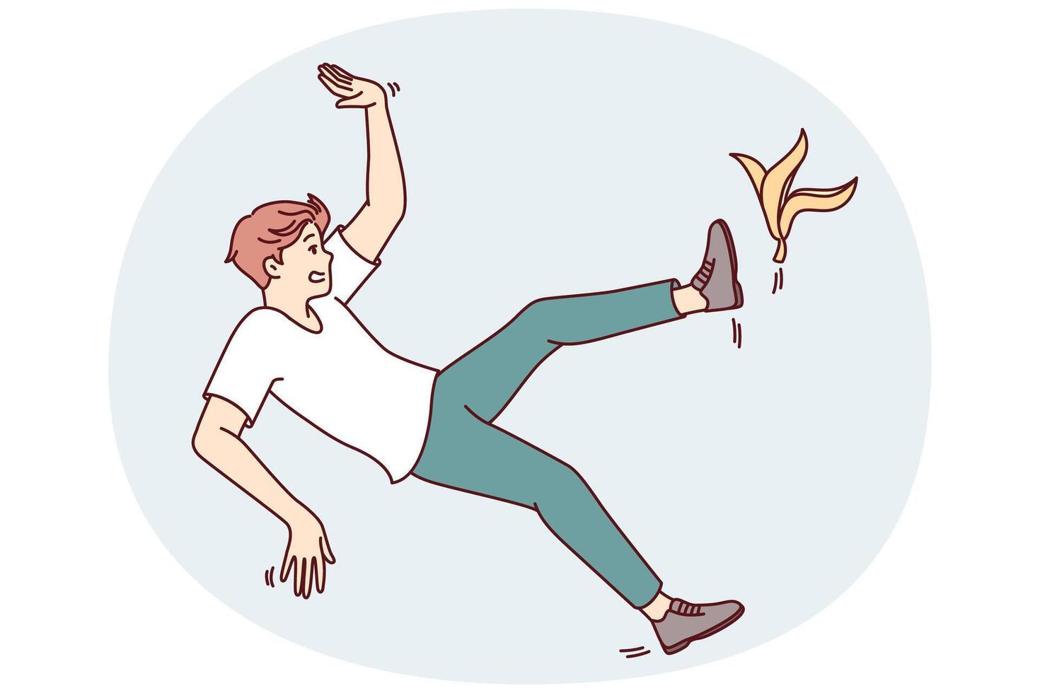 Clumsy man slipped on banana peel while walking through city streets or home rooms vector