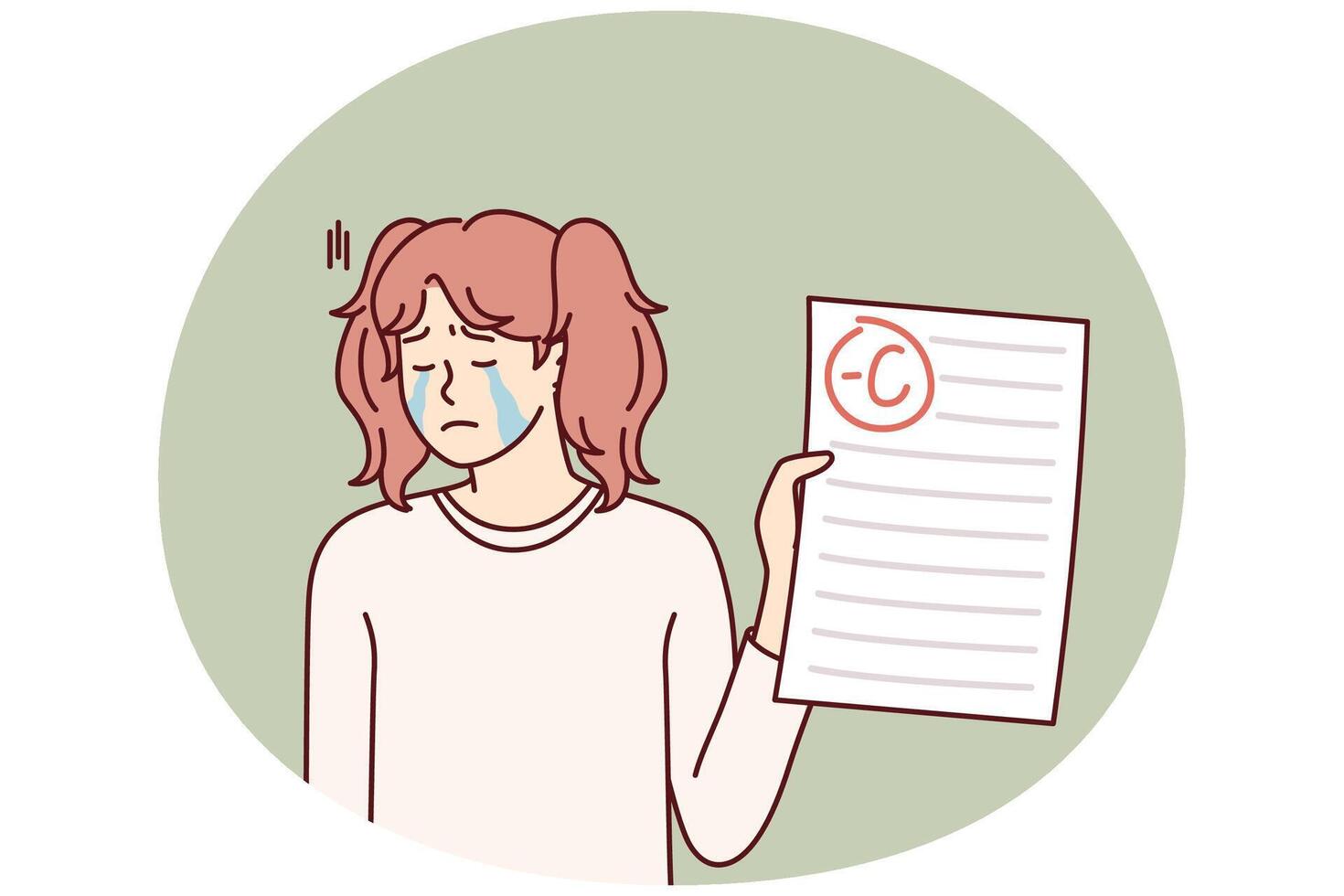 Unhappy crying teenage girl depressed because of negative mark on test or exam paper vector