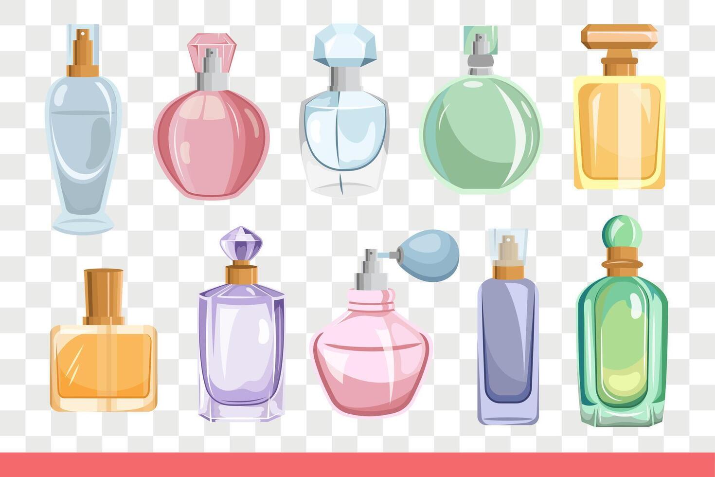 Perfume in different bottles, for choosing best smell and aroma created from flowers. vector