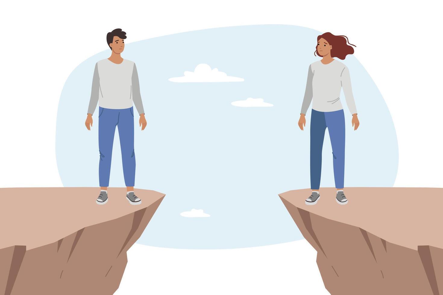 Love at distance between man and woman feeling stressed and standing on different rocks vector