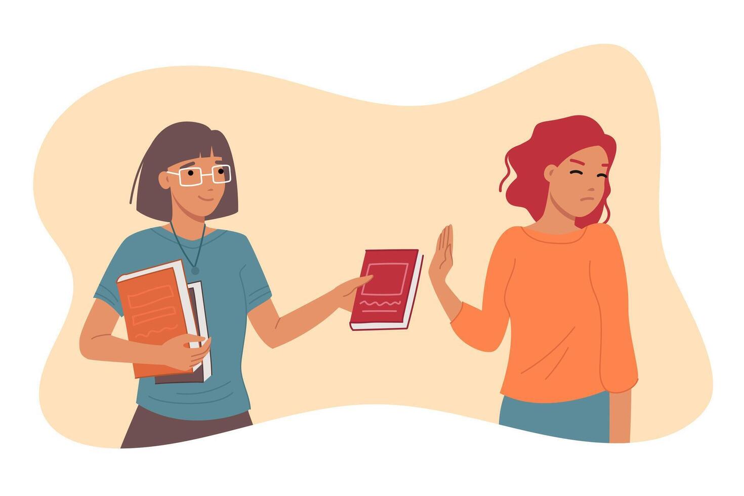 Woman student refuses to read book suggested by teacher to improve knowledge and prepare for exam vector
