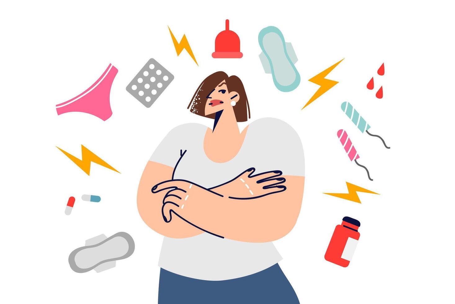 Menstruation cycle causes bad mood in woman standing among medicines and feminine hygiene products vector