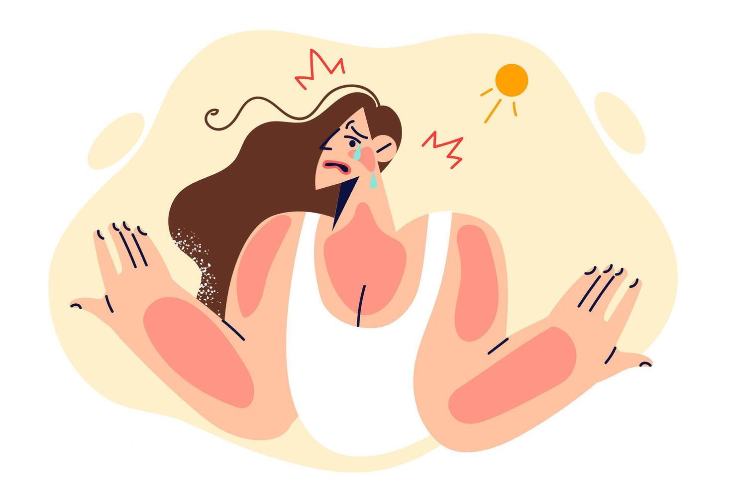 Unfortunate woman received sunburns on face and body due to being under blazing sun for long time vector