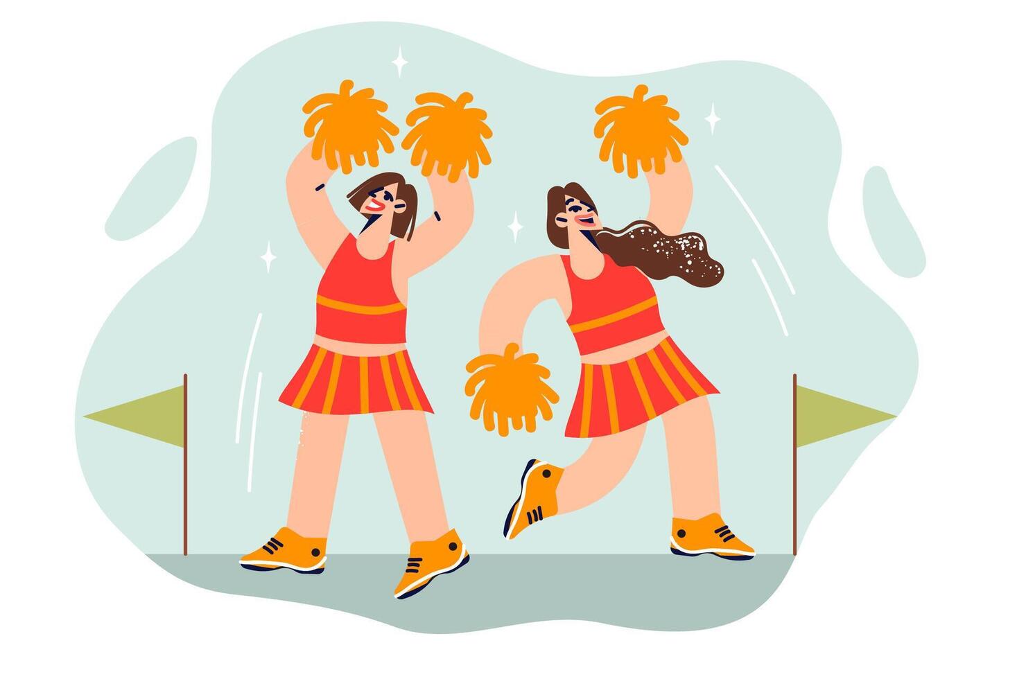 Girls dancers engage in cheerleading, motivating athletes to new records in sports competitions vector