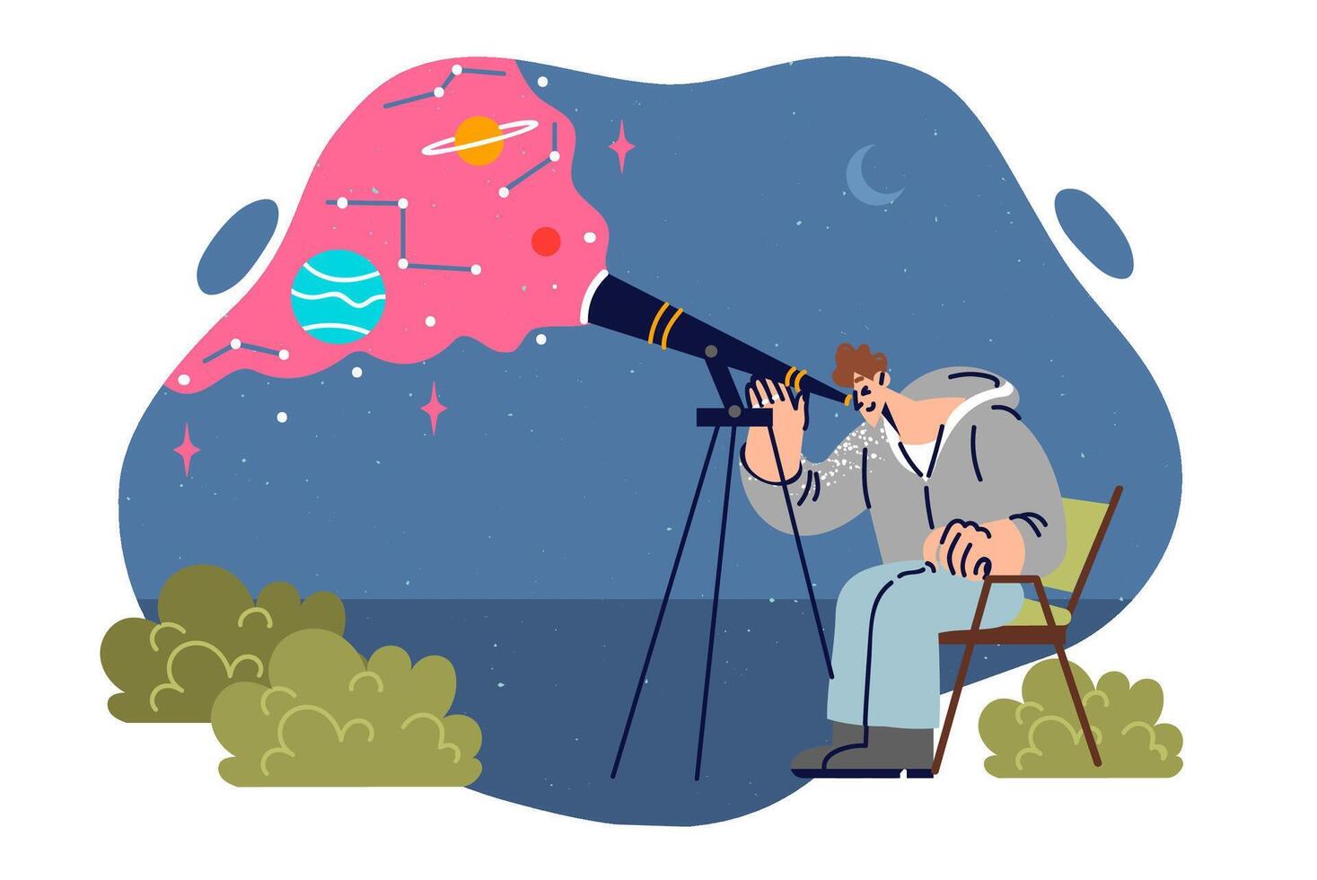 Man amateur astronomer uses telescope looking at stars and planets, sitting on chair in open air vector