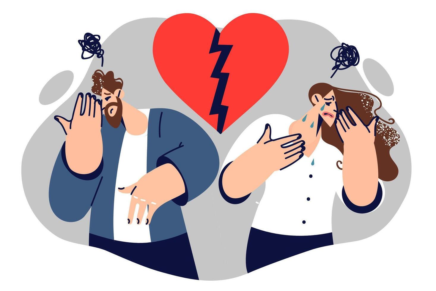 Disagreements in family among upset couple standing near broken heart, after quarrel vector