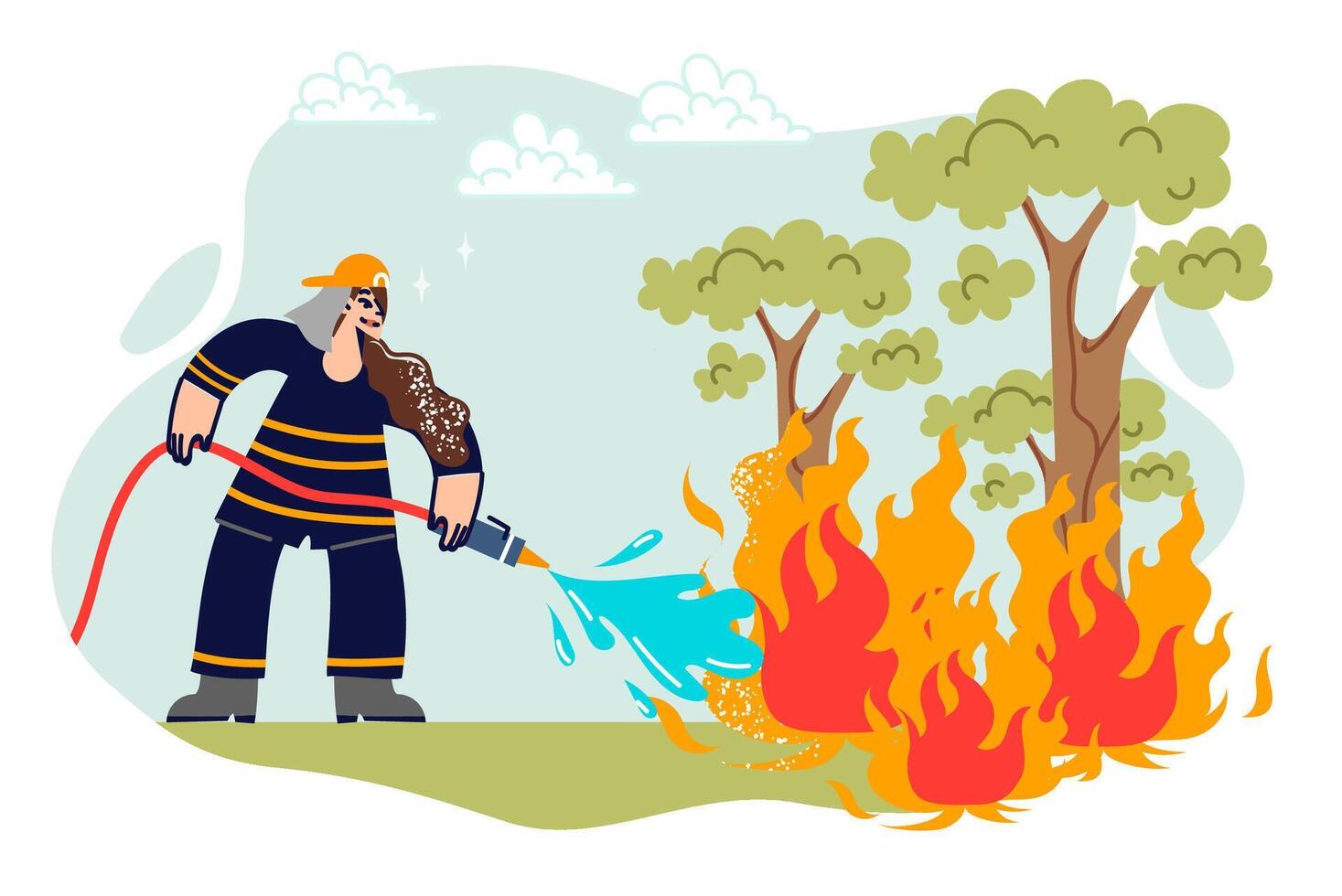 Woman firefighter extinguishes burning trees in forest, pouring water on flames from long hose vector