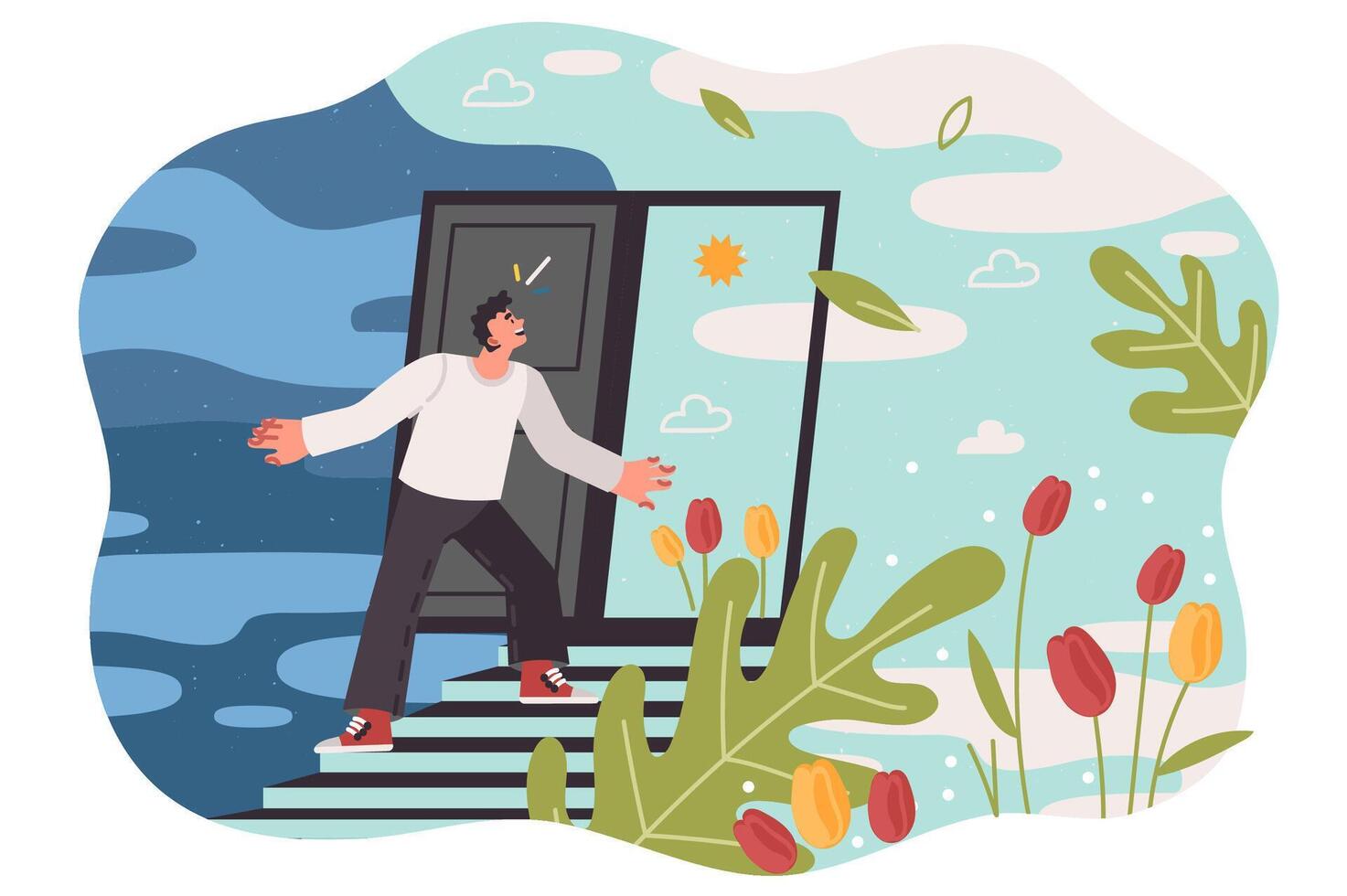 Progress for man getting out of cloudy place and entering through door into area with summer weather vector