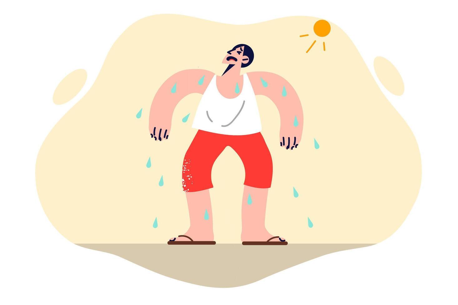 Man feels exhaustion standing under sun with scorching rays, due to lack of trees creating shade vector