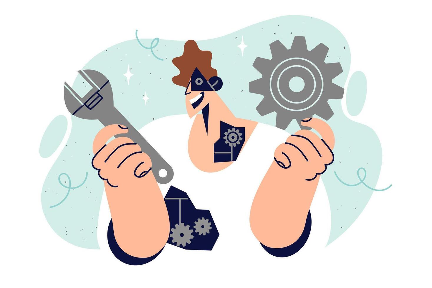 Man cyborg with implanted robot parts replacing organs and eyes fixes himself with wrench vector