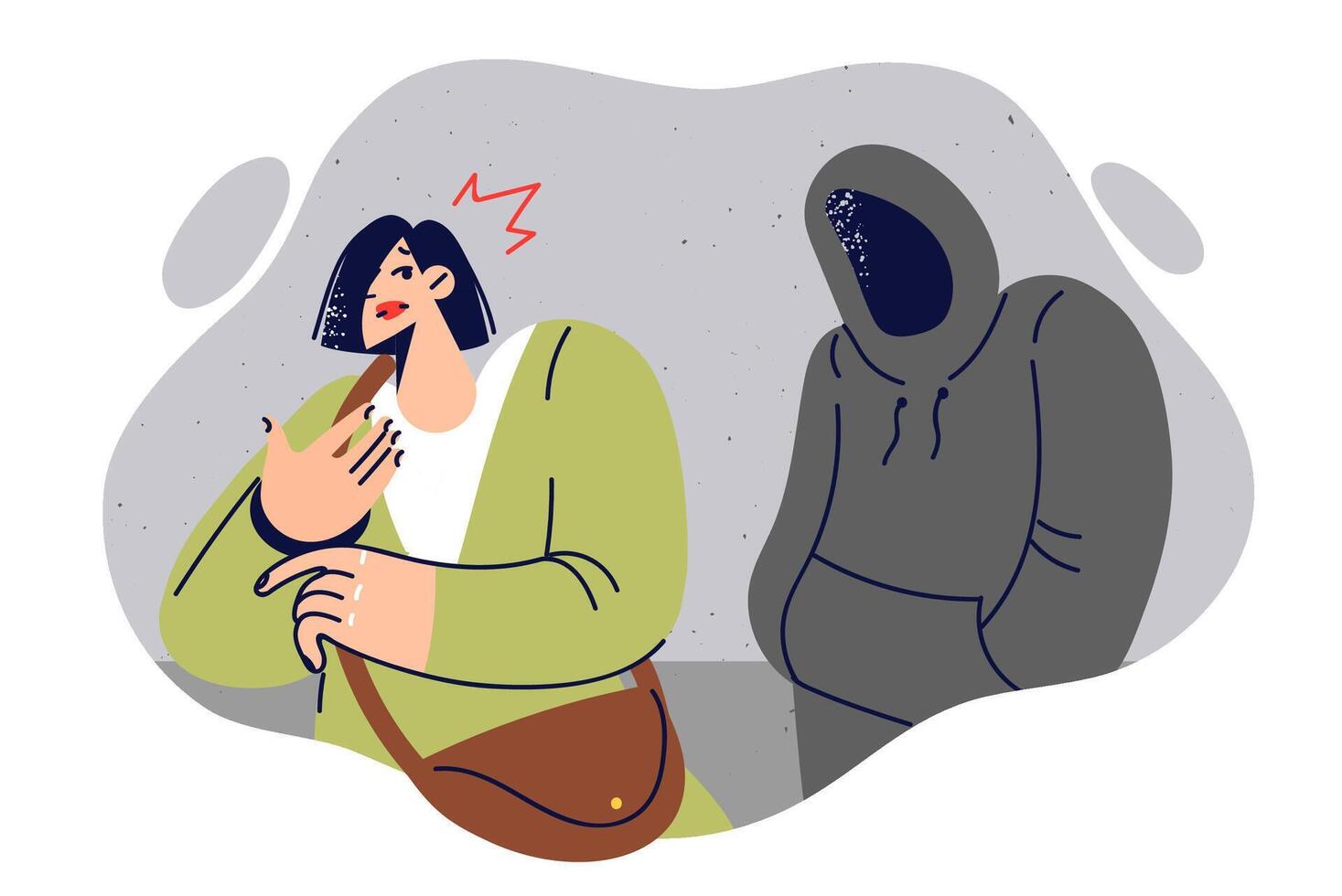 Stalker stalks woman, hiding face under hood, in order to commit crime and steal purse vector