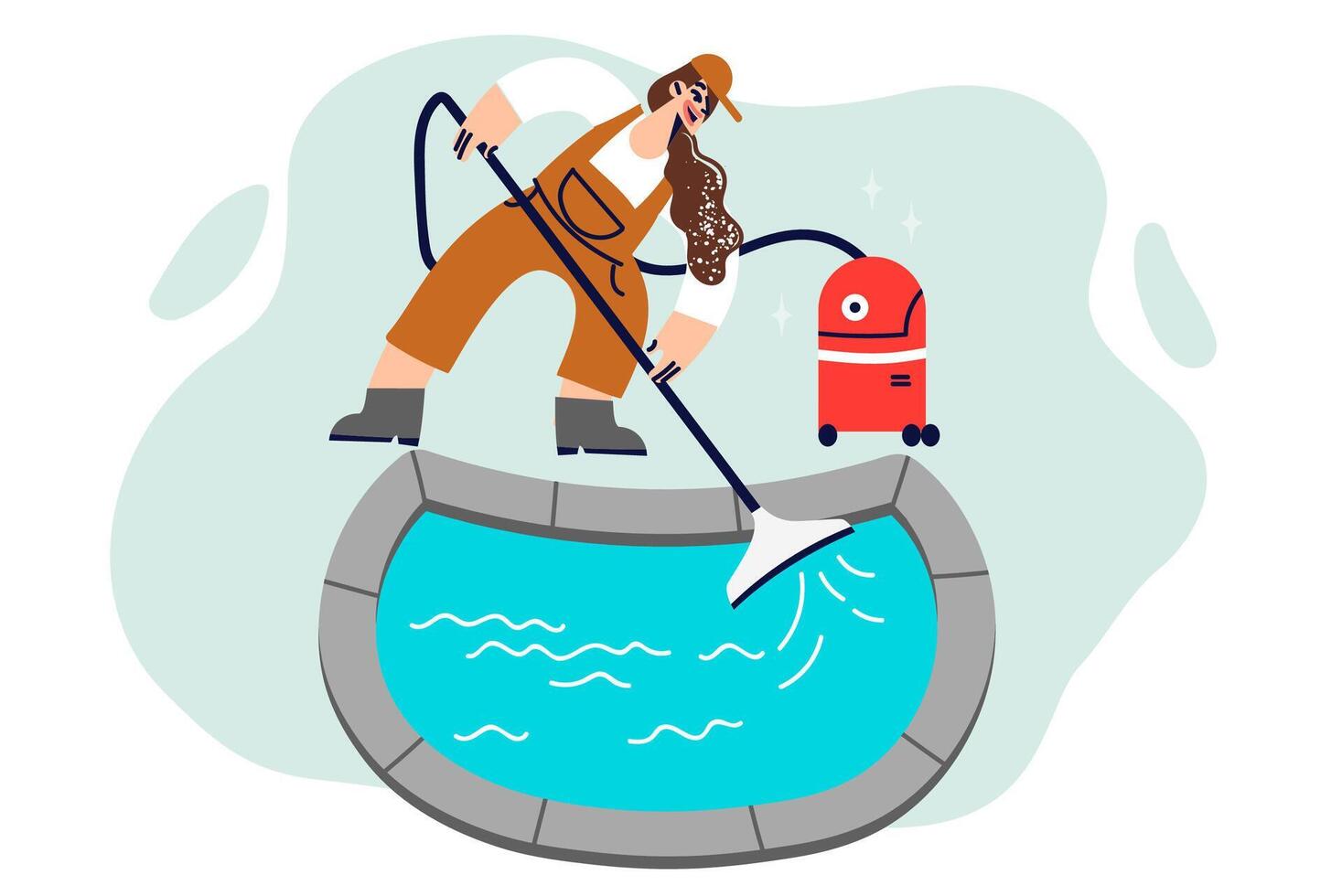 Woman cleans swimming pool using special vacuum cleaner to avoid appearance of bacteria and algae vector