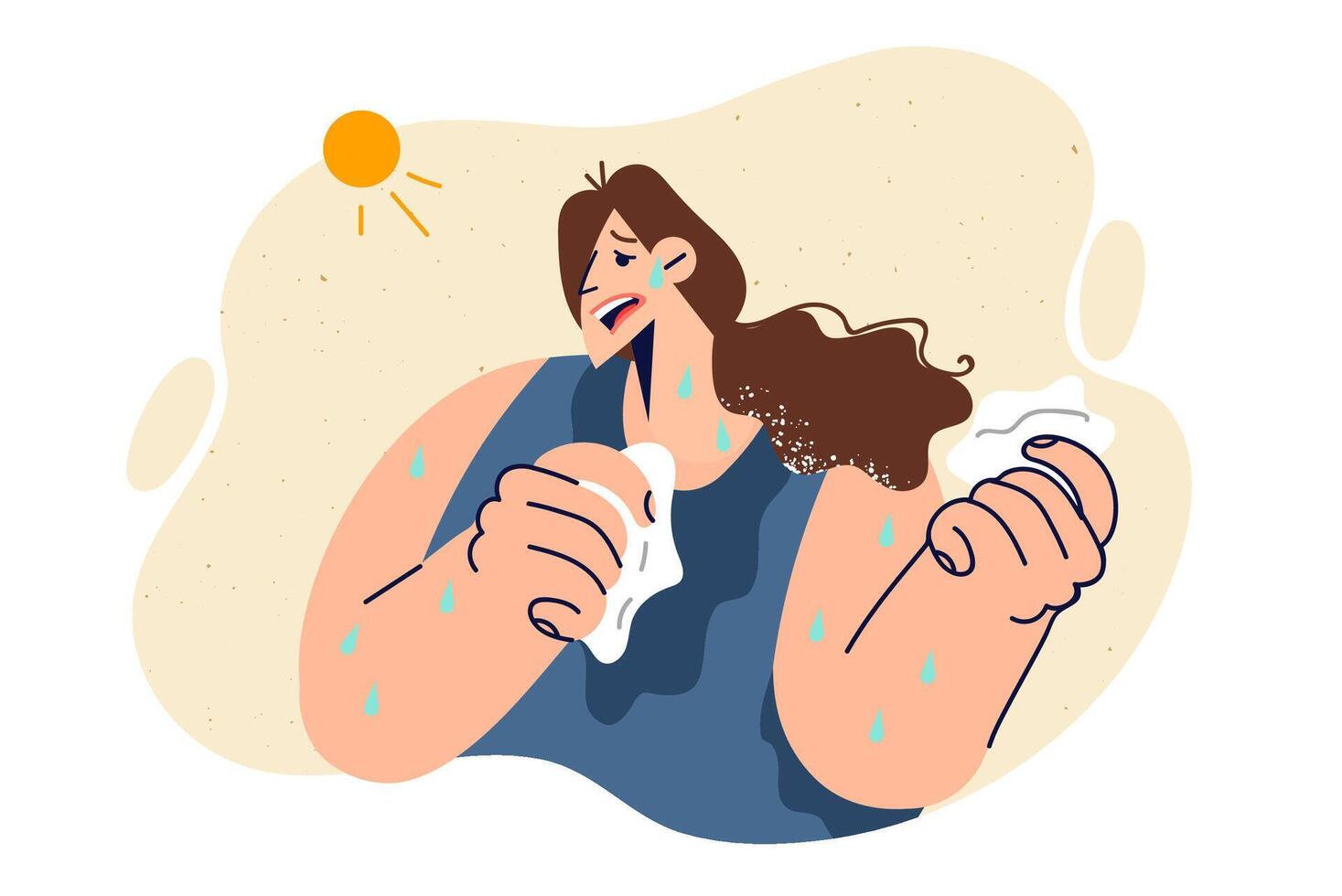 Woman suffers from heat causing exhaustion and sunstroke, breaking out in sweat due to bright sun vector