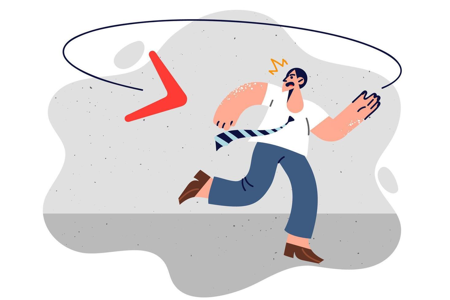 Business man is running away from boomerang, trying to hide from consequences of own actions vector