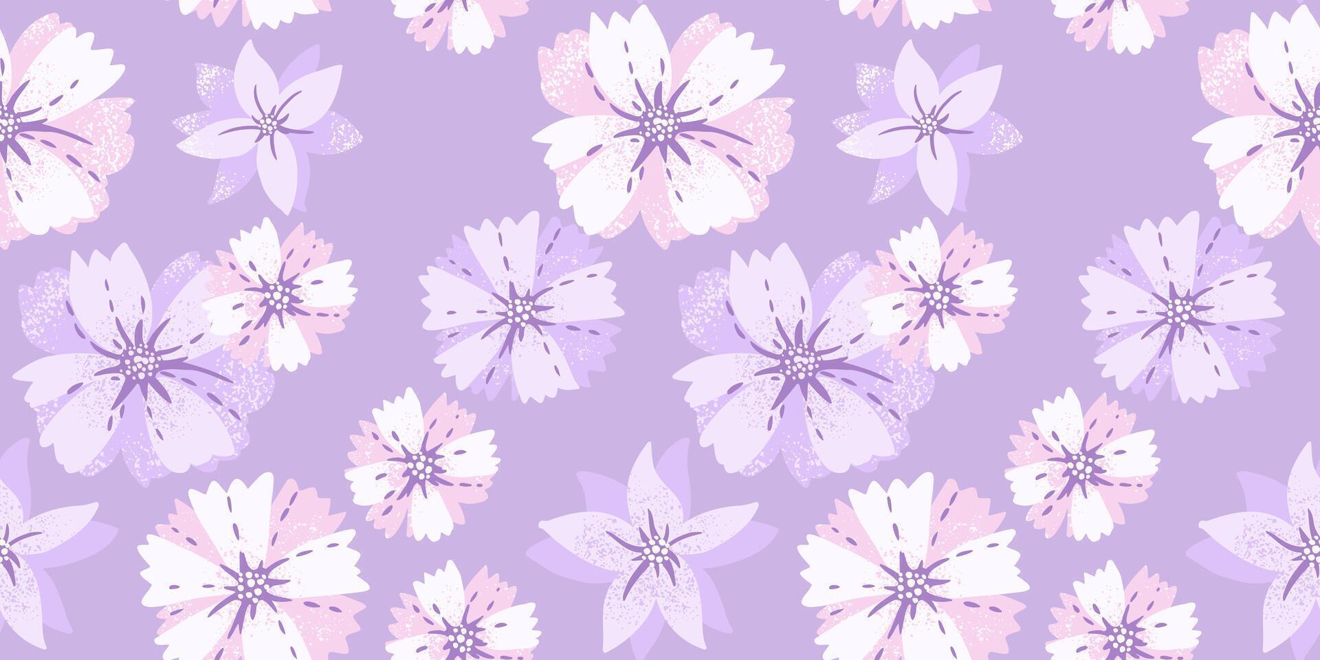 Pastel purple exotic floral seamless pattern on a violet background. hand drawn stylized large flowers print. Contemporary ornament for designs, fabric, textiles, cover vector