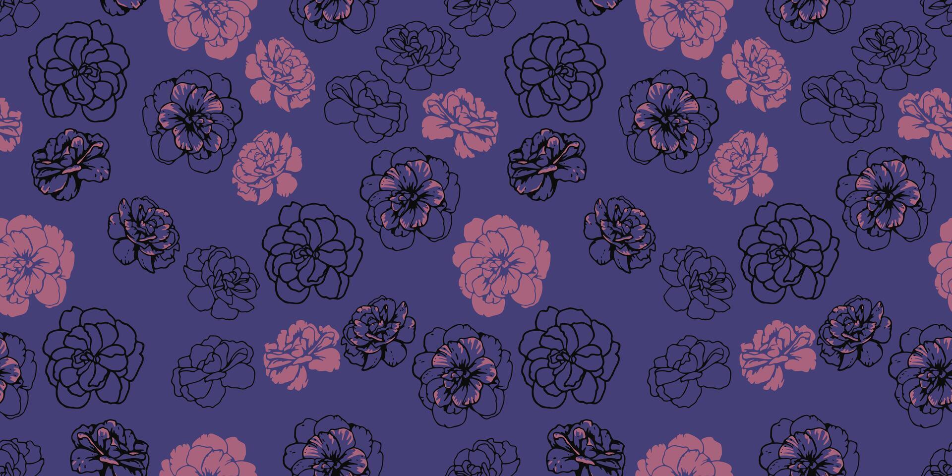Dark seamless pattern with abstract artistic shapes buttercups, pansies flowers on violet background. Creative stylized floral print. hand drawn. Fashionable nature ornament for designs vector
