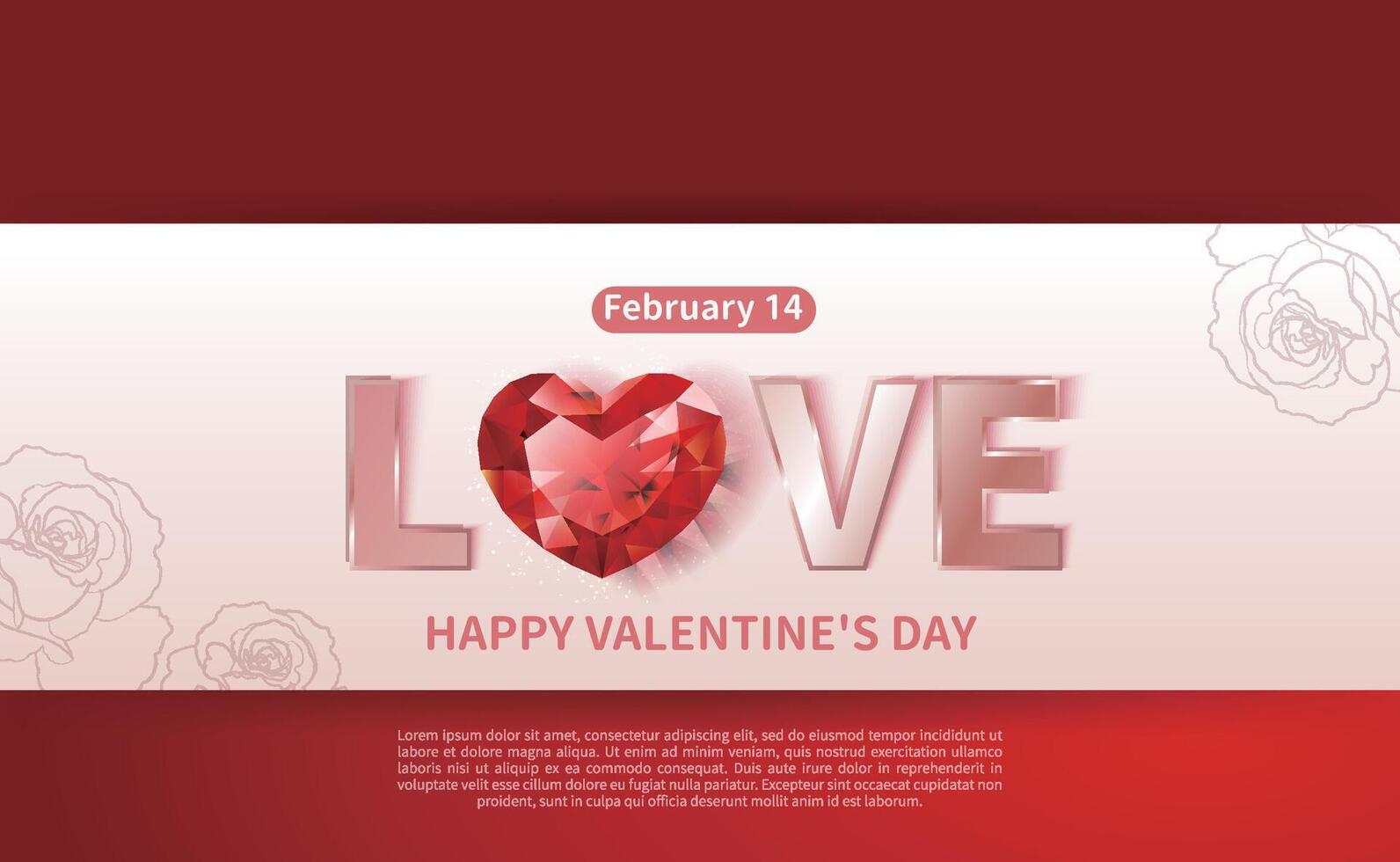 Red Valentine's Day card with red heart jewelry and LOVE letters vector