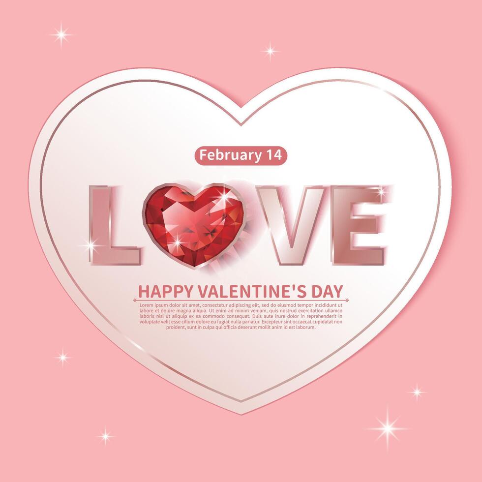 Pink Valentine's Day card with red heart jewelry and LOVE letters vector