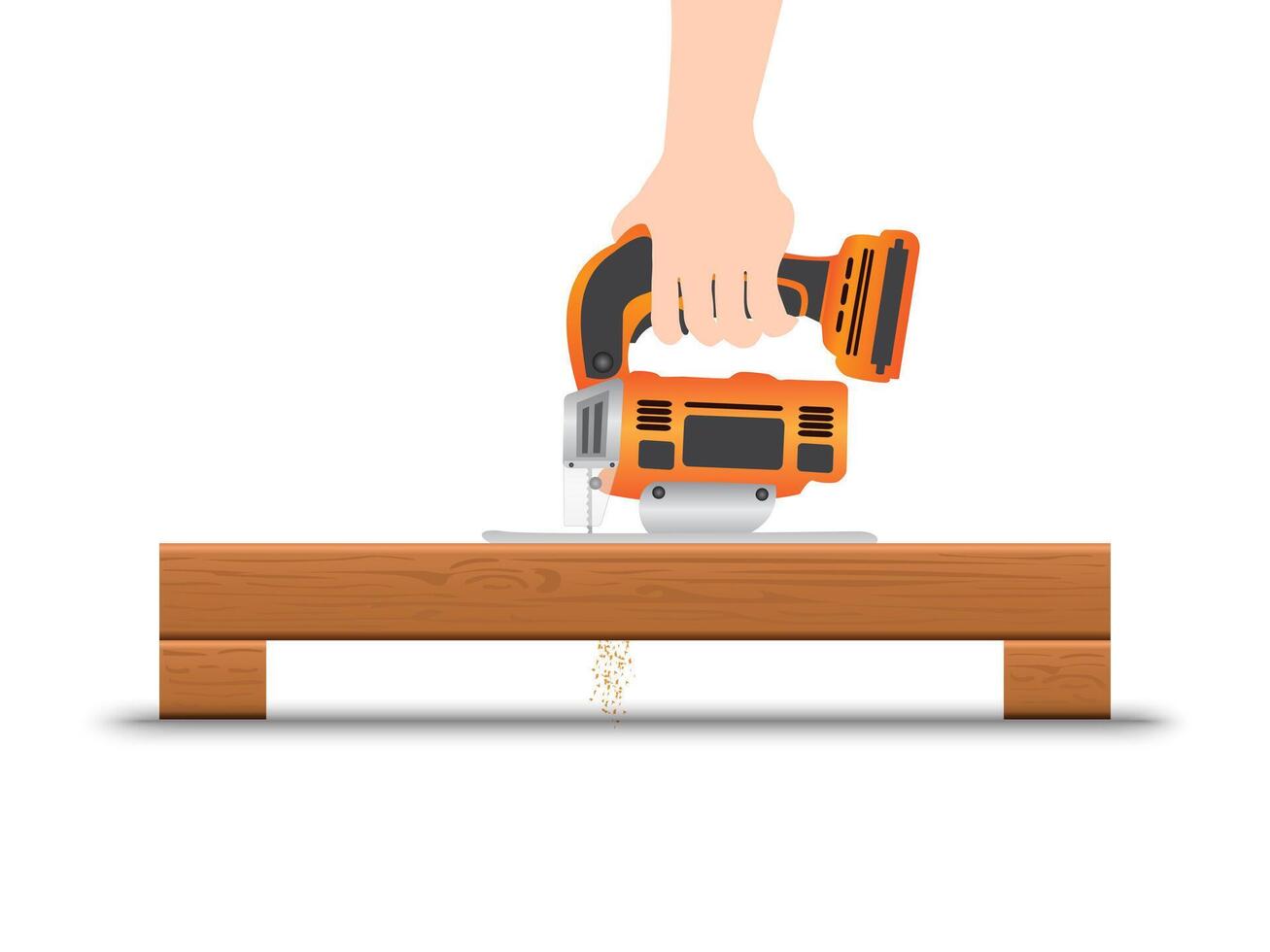 Hands holding electric jigsaw illustration on white background. Construction and building concept. vector