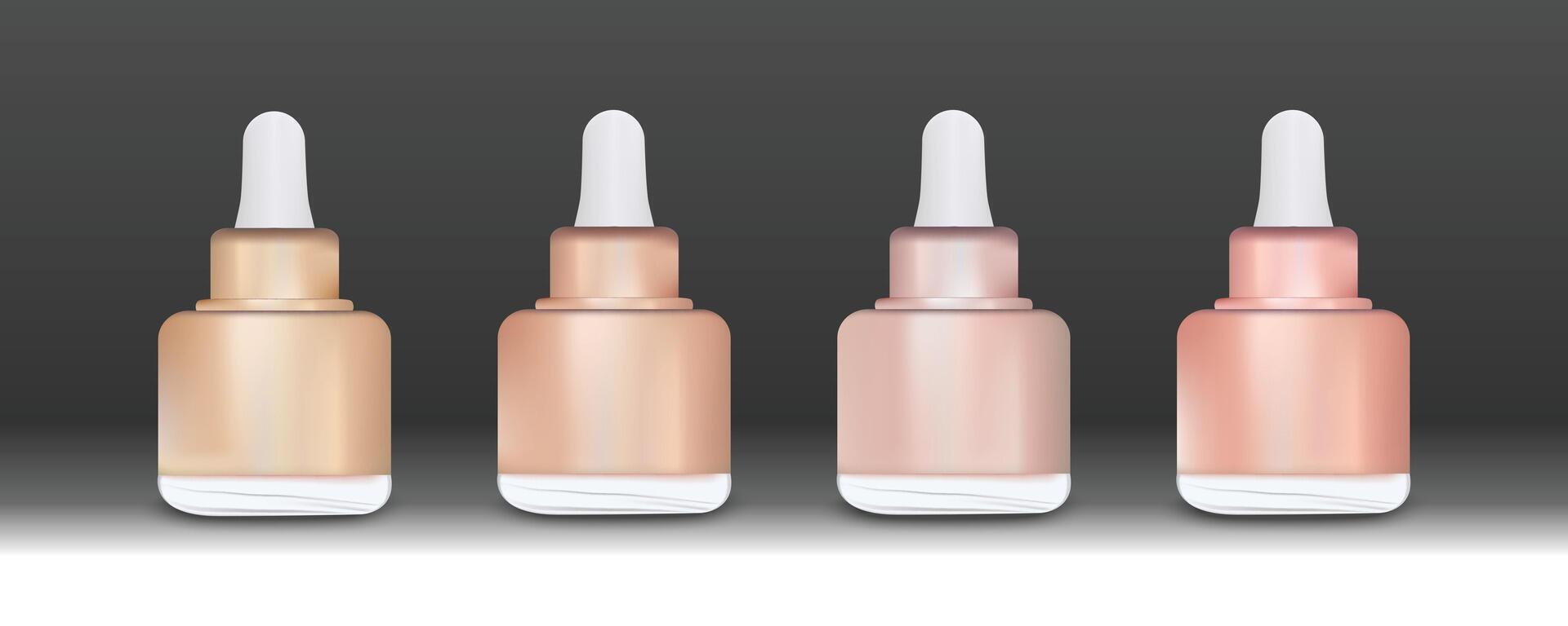 Set of realistic bottles with dropper. Cosmetic luxury vials for oil, liquid essential, collagen serum. Mockup illustration isolated on black background. vector