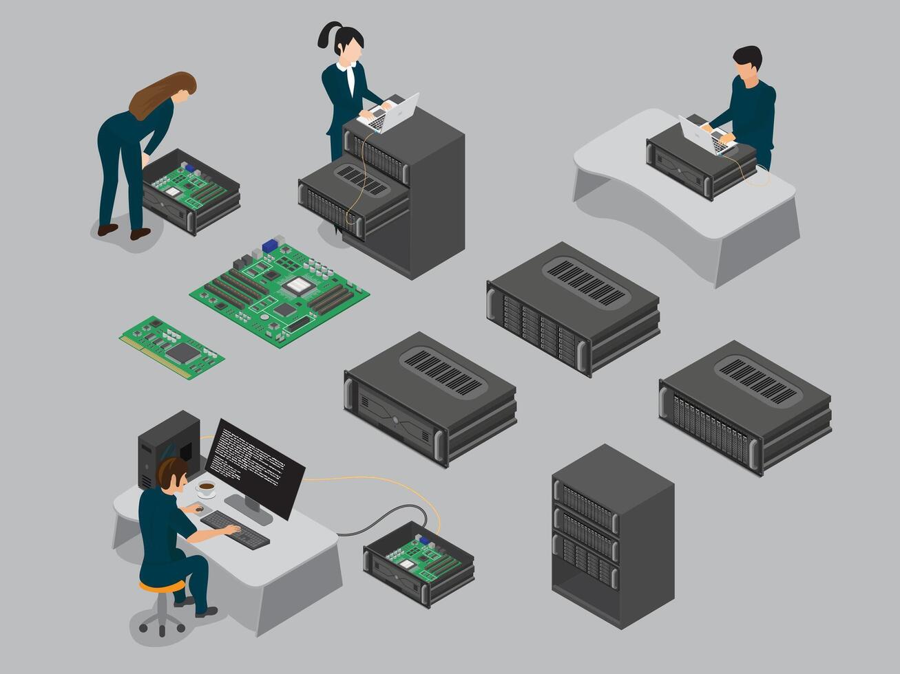 Engineers Working in Data Center Room. Installation and configuration hardware. vector