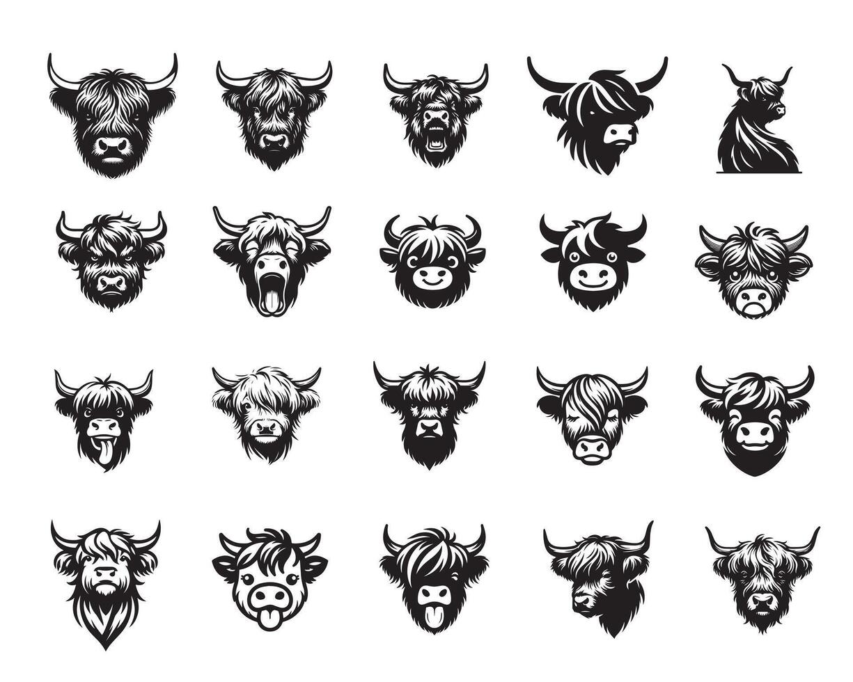 Set of Highland Cow face illustration in black and white, Cattle Silhouette Design, Highlands Head Logo Design vector