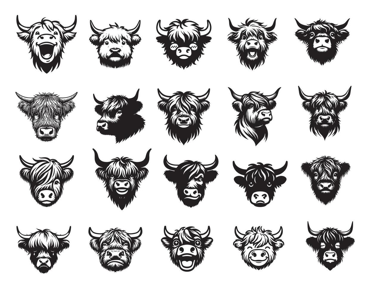 Set of Highland Cow face illustration in black and white, Cattle Silhouette Design, Highlands Head Logo Design vector