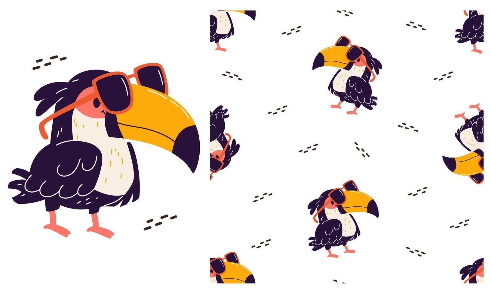 Collection of prints for printing on children's products. Cute toucan with sunglasses. Seamless pattern vector