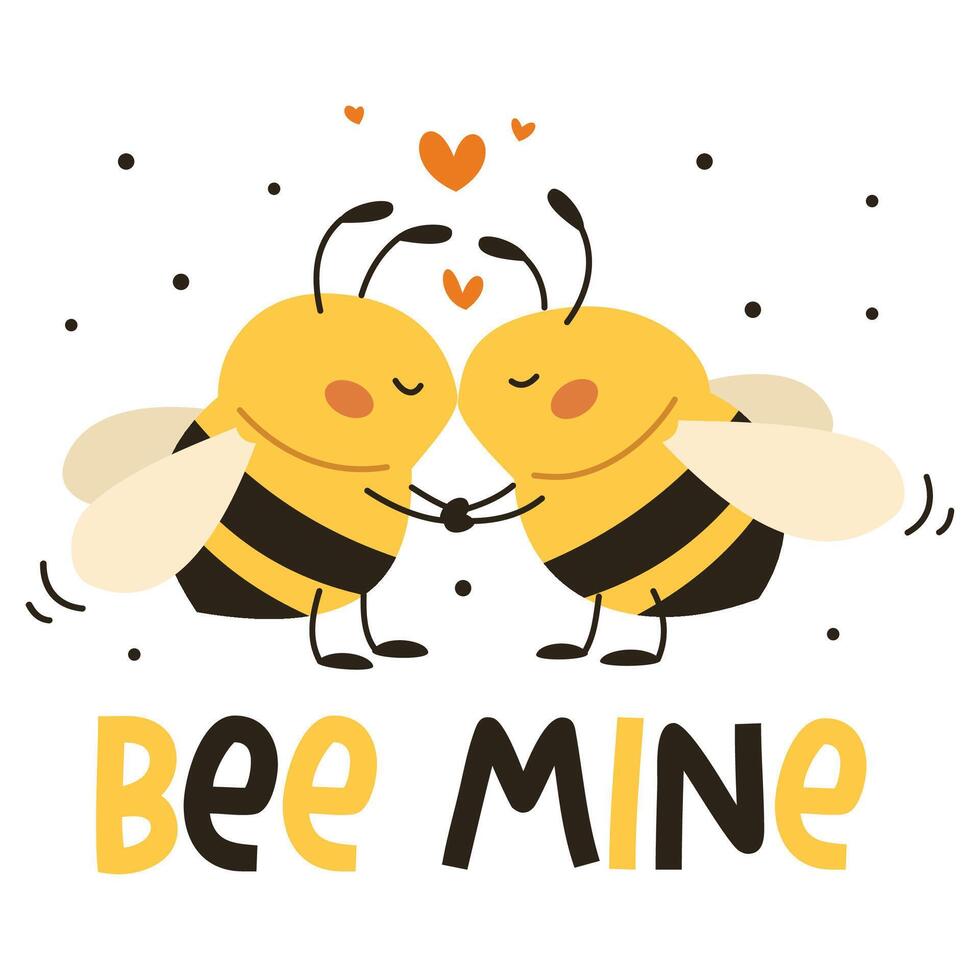 Flat illustration in children's style. Cute bees hugging each other. Hearts and inscription be mine vector